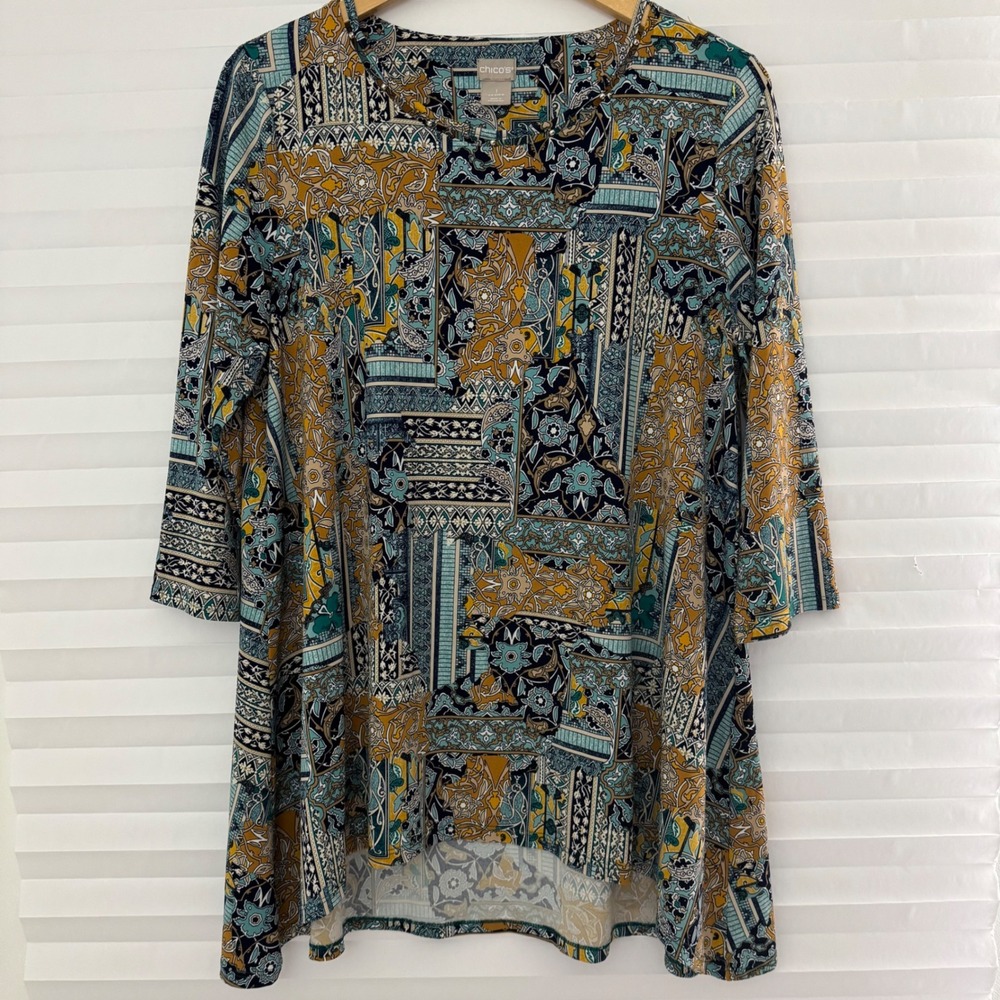 Chicos Womens Size 1 Medium Paisley Patchwork Tunic 3/4 Sleeve High Low Top Teal